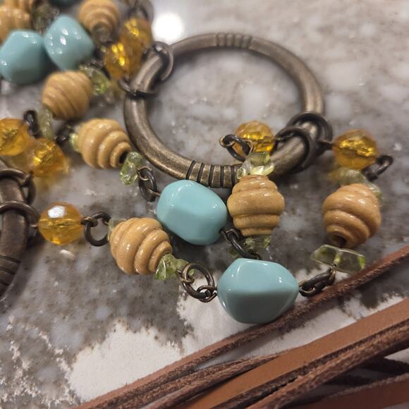 Boho Beaded Chain Belt Leather Fringe Turquoise Wood Beads Antique Gold Western main image 5